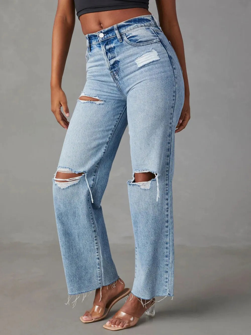 Distressed Straight Leg Jeans with Pockets | Jeans Daverri Fashions