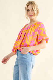 And The Why Full Size Printed Satin Bubble Hem Top | Tops Daverri Fashions