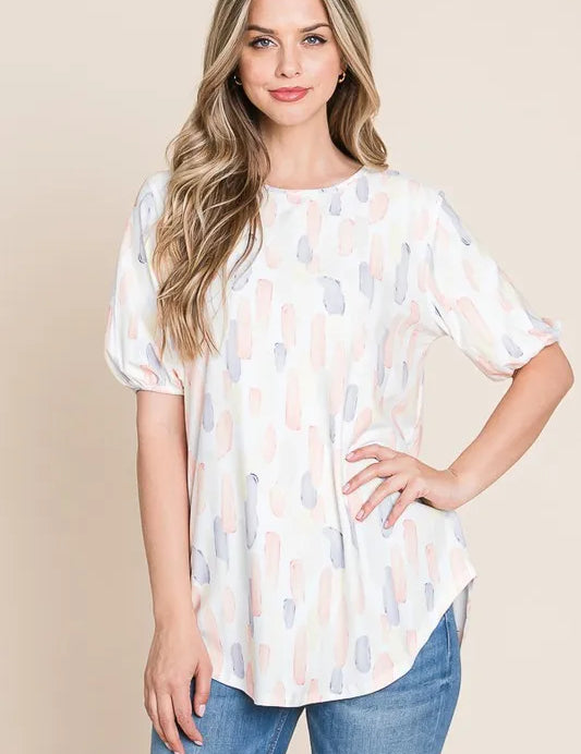 BOMBOM Round Neck Puff Short Sleeve Blouse | Daverri Fashions