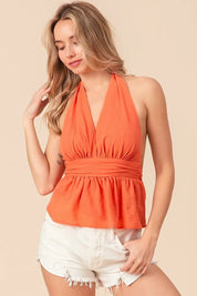 BiBi Back Open With Halter Neck Wrinkled Tank Top | Tops Daverri Fashions