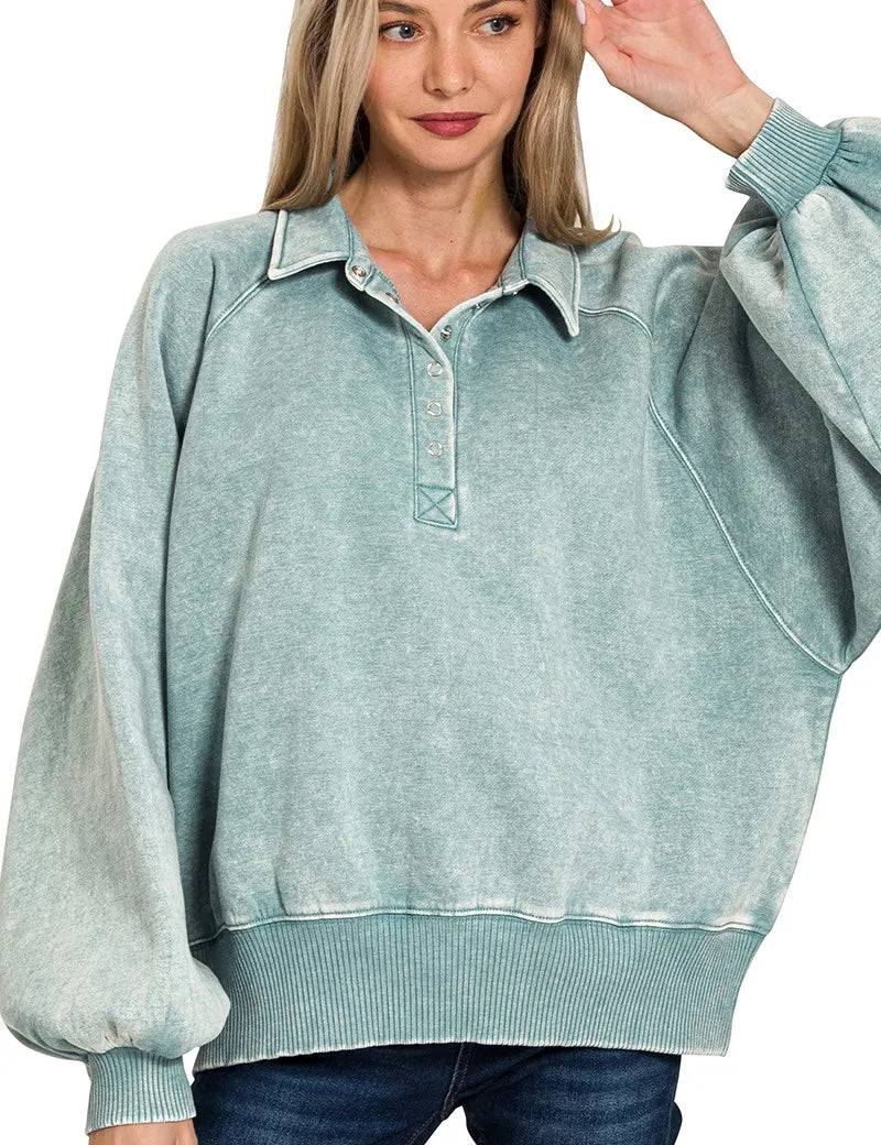 ASH BLUE Zenana Acid Wash Fleece Collared Sweatshirt | Daverri Fashions