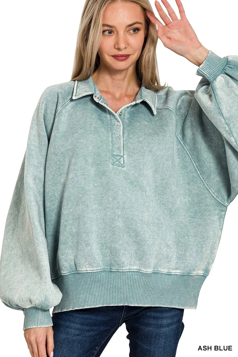 ASH BLUE Zenana Acid Wash Fleece Collared Sweatshirt | Daverri Fashions