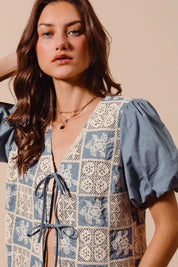 SO ME Crochet Lace Tie Front V Neck Blouse Top | Daverri Fashions