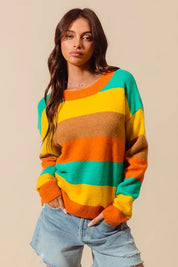 SO ME Multi Color Stripe Sweater with Ribbed Detail | Sweaters Daverri Fashions