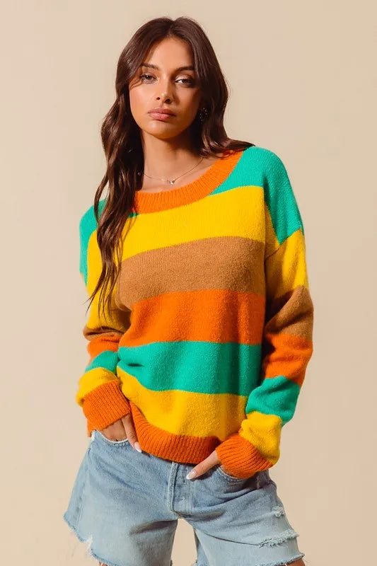 SO ME Multi Color Stripe Sweater with Ribbed Detail | Sweaters Daverri Fashions