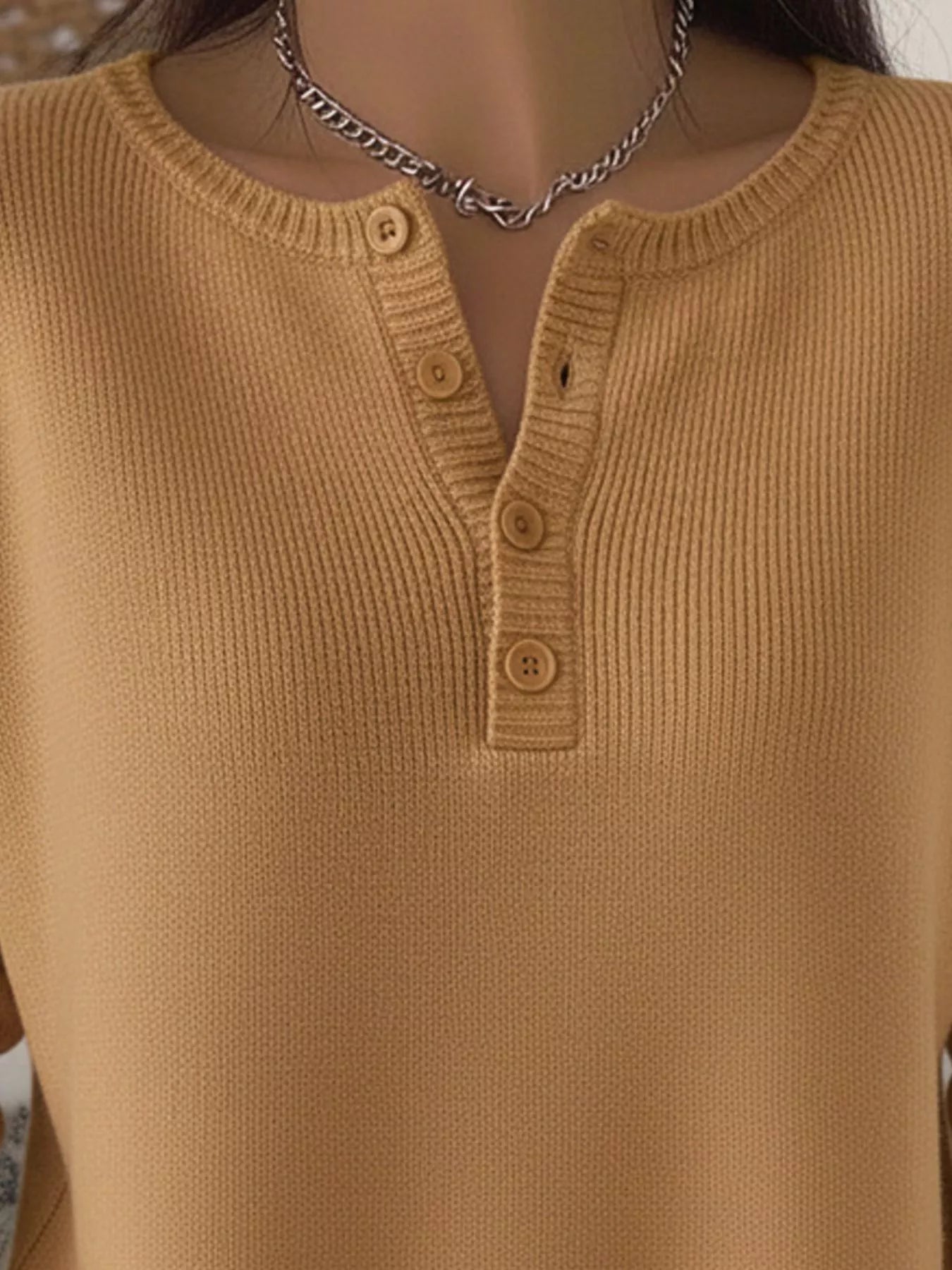 Full Size Half Button Long Sleeve Knit Top Plus Size | Knit Tops Daverri Fashions