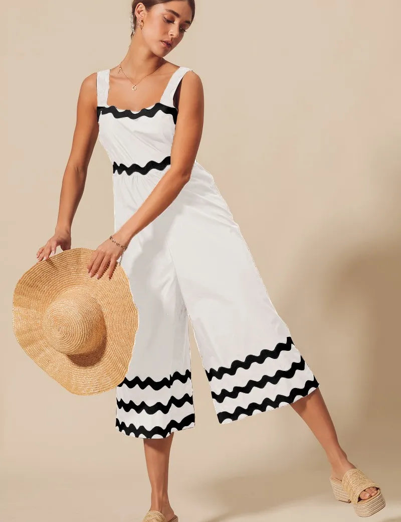 IVORY BLACK SO ME Scallop Ric Rac Trimmed Wide Leg Jumpsuit | Jumpsuits Daverri Fashions