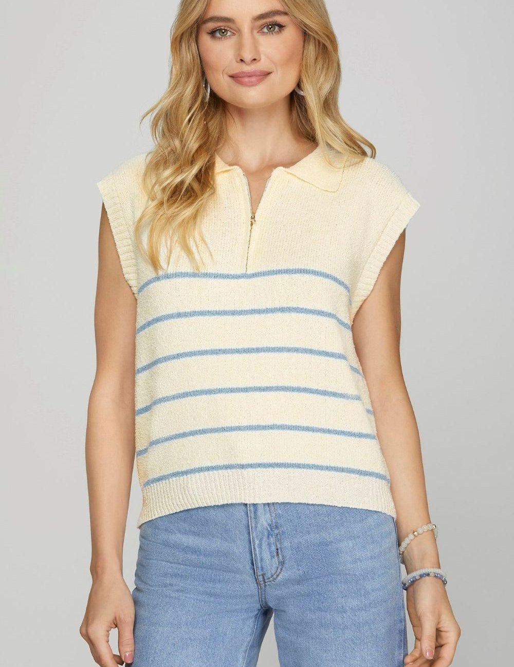 Sky Blue She + Sky Full Size Ribbed Hem Striped Half Zip Sweater Vest Plus Size | Sweaters Daverri Fashions