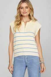 Sky Blue She + Sky Full Size Ribbed Hem Striped Half Zip Sweater Vest Plus Size | Sweaters Daverri Fashions