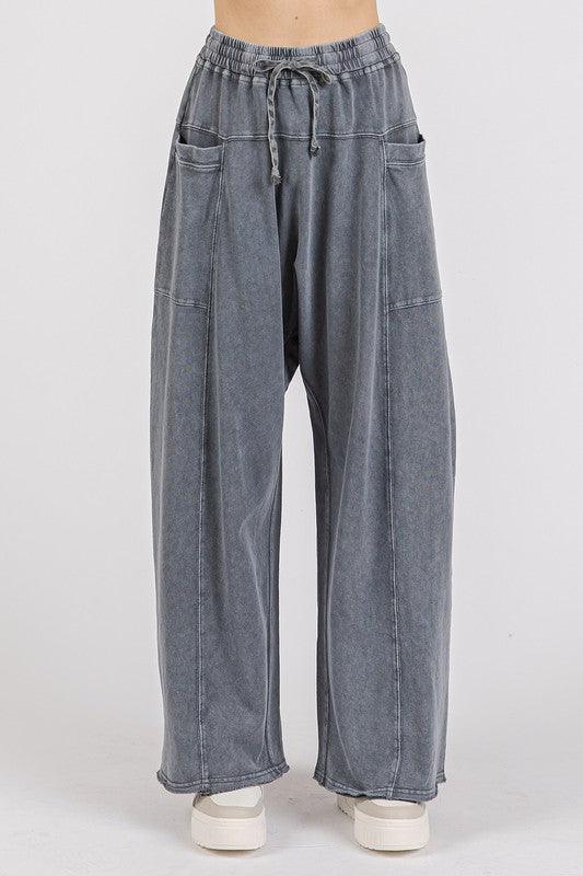Mittoshop Mineral Wash Elastic Waist Barrel Leg Baggy Pants | Pants Daverri Fashions