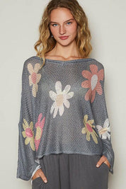 Charcoal L POL Flower Dropped Shoulder Long Sleeve Knit Top | Tops Daverri Fashions