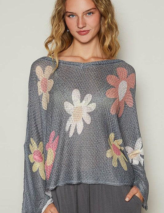 Charcoal L POL Flower Dropped Shoulder Long Sleeve Knit Top | Tops Daverri Fashions