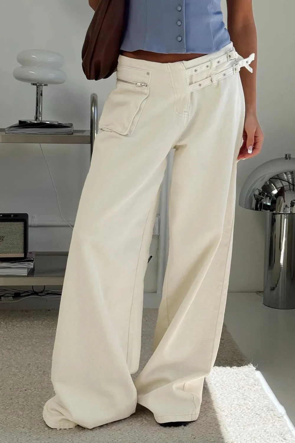 Cream Wide Leg Jeans with Pockets | Bottoms Daverri Fashions