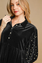 Umgee Pearl Detail Half Sleeve Velvet Babydoll Blouse | Daverri Fashions