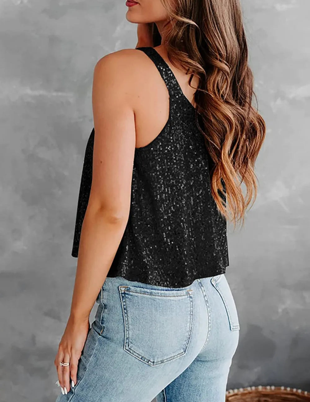 Black Sequin Scoop Neck Tank | Tank Tops Daverri Fashions