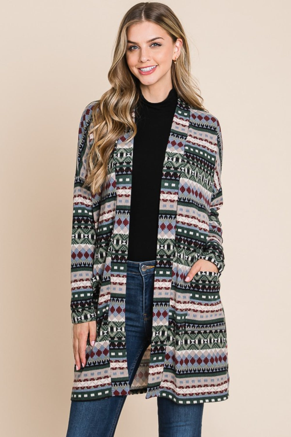 BOMBOM Geometric Open Front Long Sleeve Cardigan with Pockets | Daverri Fashions