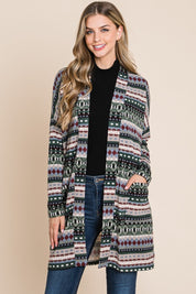 BOMBOM Geometric Open Front Long Sleeve Cardigan with Pockets | Daverri Fashions