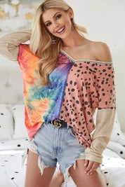 BiBi Print Block V Neck Top with Contrast Stitching | Tops Daverri Fashions