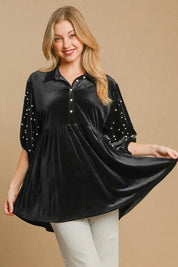 Black Umgee Pearl Detail Half Sleeve Velvet Babydoll Blouse | Daverri Fashions