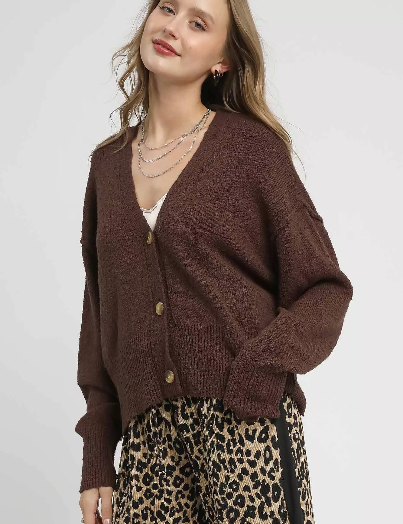 Umgee Button-Front V-Neck Knit Cardigan Brown | Cardigans Daverri Fashions
