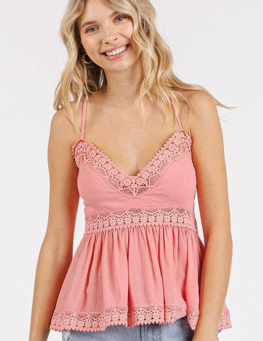 RICH PINK Mittoshop Crisscross Back Lace Detail V-Neck Cami | Daverri Fashions