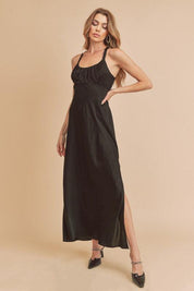 Black Aemi + Co Black Ruched Side Slit Cutout Back Maxi Cami Dress | Cami Dresses Daverri Fashions