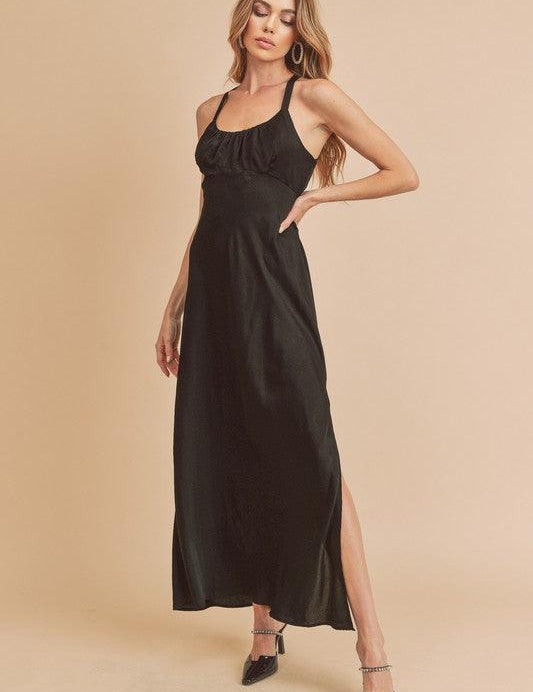 Black Aemi + Co Black Ruched Side Slit Cutout Back Maxi Cami Dress | Cami Dresses Daverri Fashions