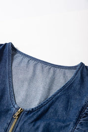 Denim Ruffled Zipped Front Belted Romper | Rompers Daverri Fashions