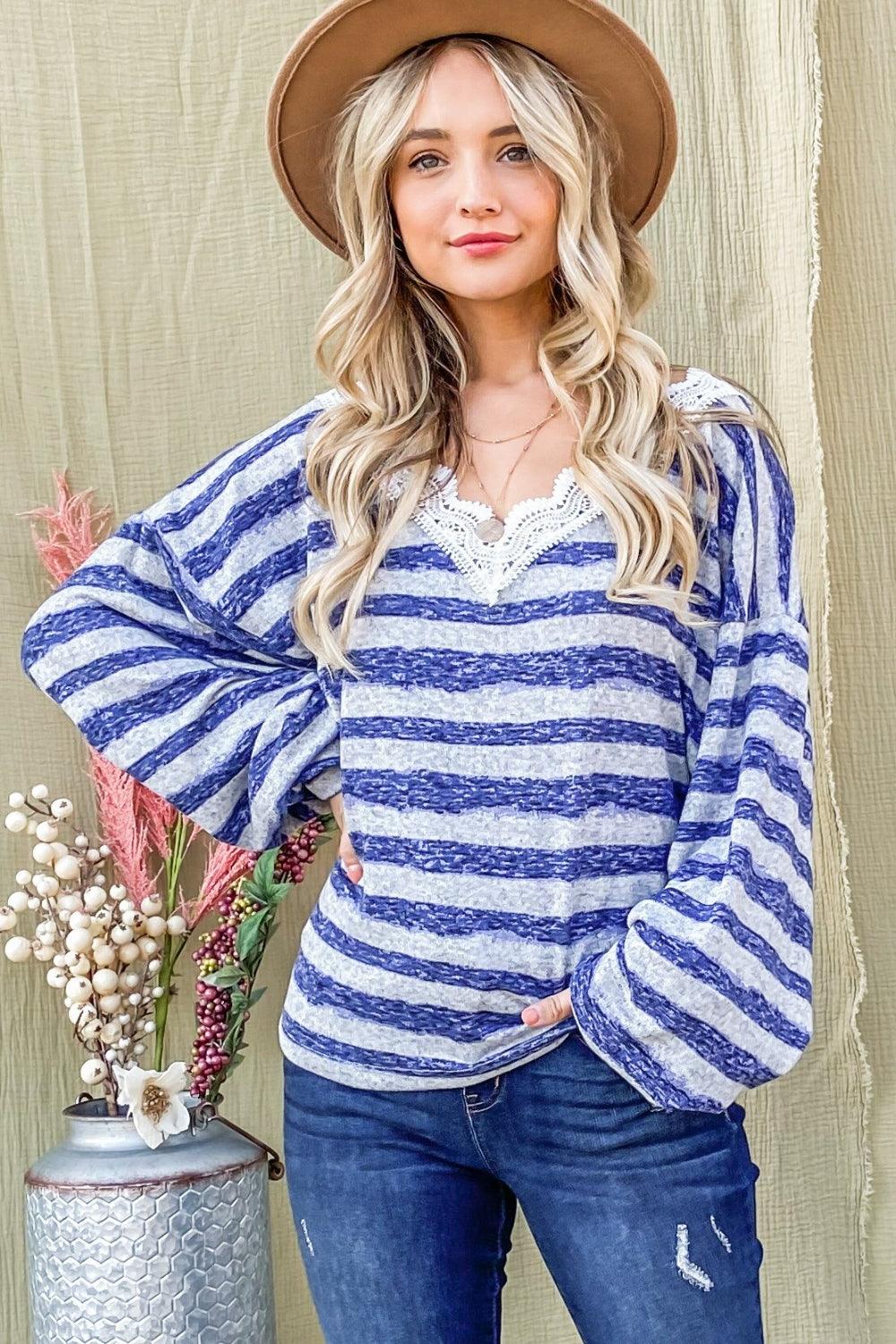 And The Why Striped Lace Detail V Neck Top | Tops Daverri Fashions