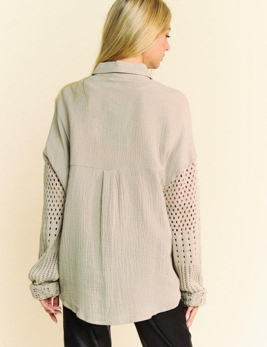 Davi & Dani Crochet Sleeve Crinkled Texture Shirt | Tops Daverri Fashions
