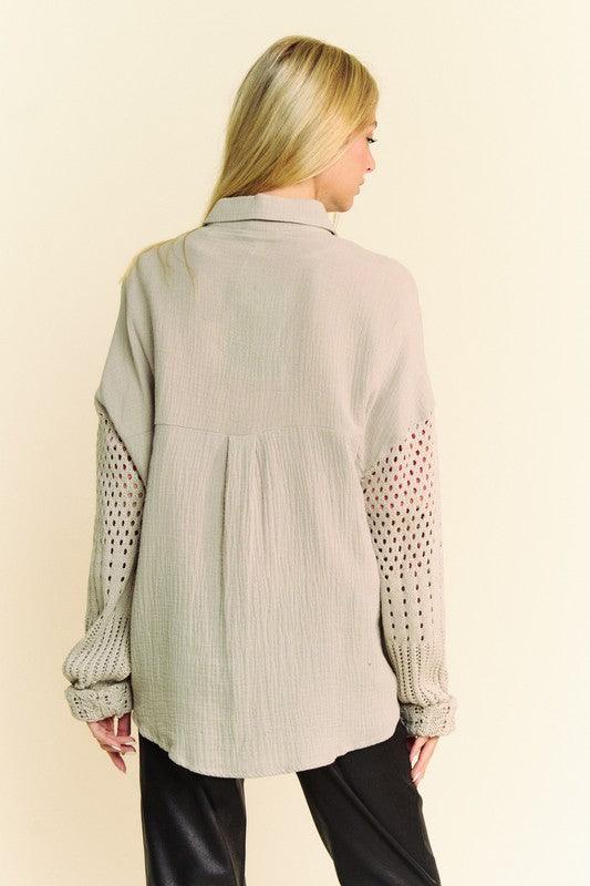 Davi & Dani Crochet Sleeve Crinkled Texture Shirt | Tops Daverri Fashions