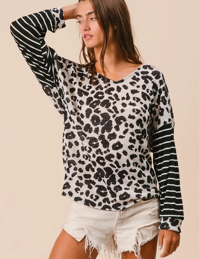 BiBi Leopard Hacci Knit Twist Back Top With Stripe Sleeve | Tops Daverri Fashions