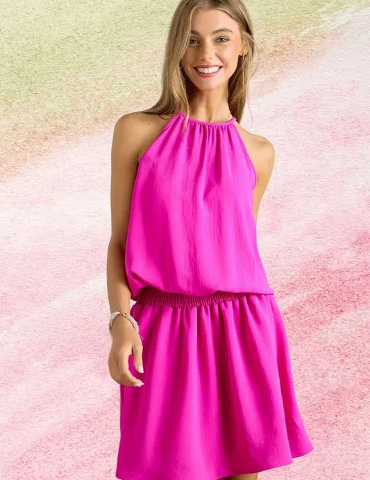 HOT PINK ADORA Halter Neck Smocking Waist Dress | Daverri Fashions