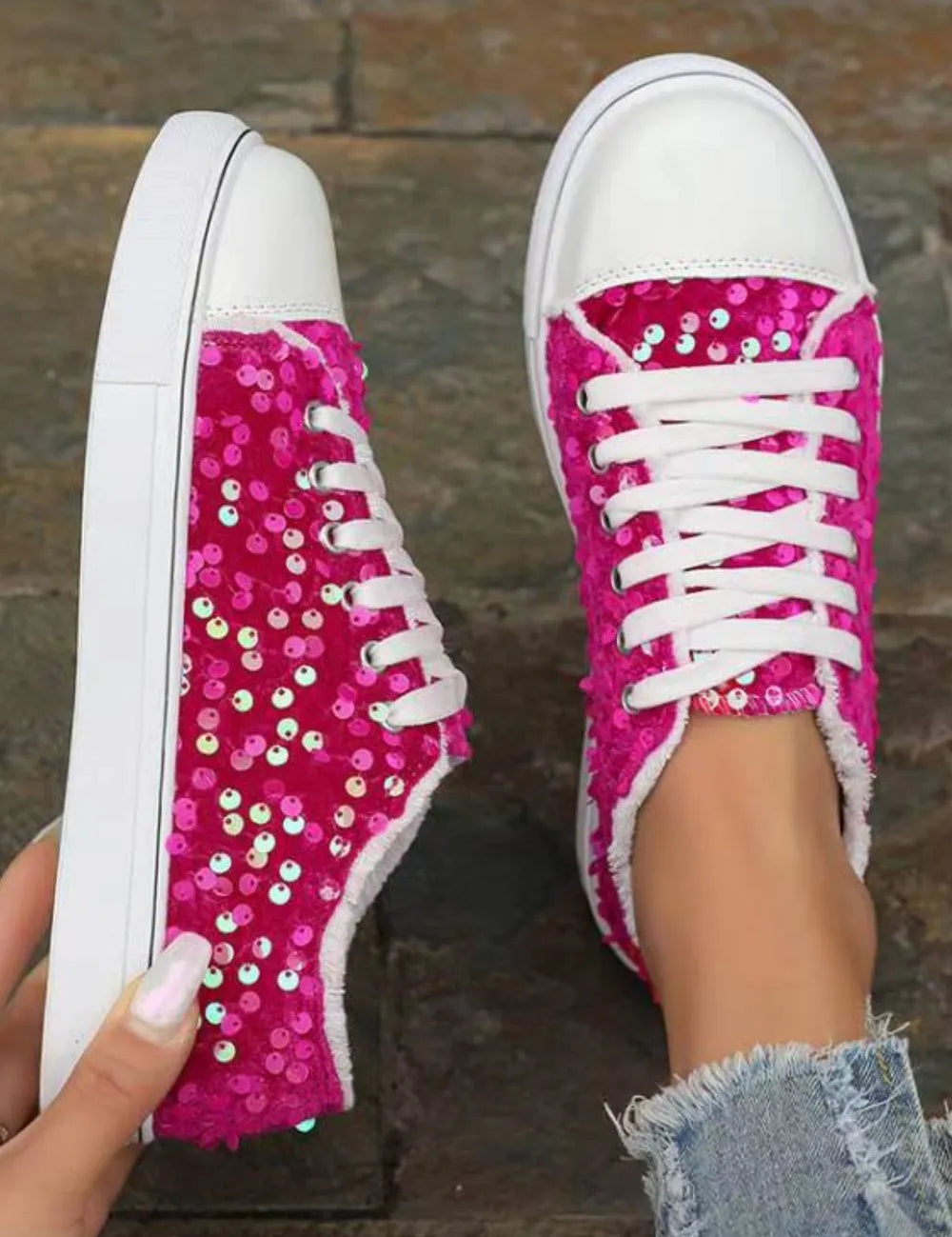Sequin Round Toe Flat Sneakers | Sneakers Daverri Fashions