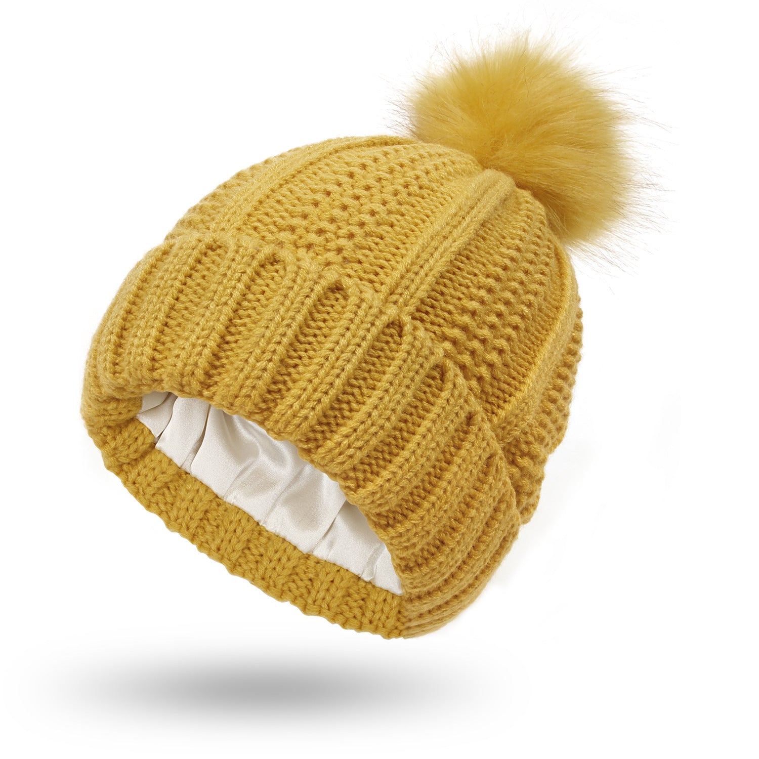 Yellow One size Stretchy Satin-Lined Skull Knit Pom Pom Hat | Hats Daverri Fashions