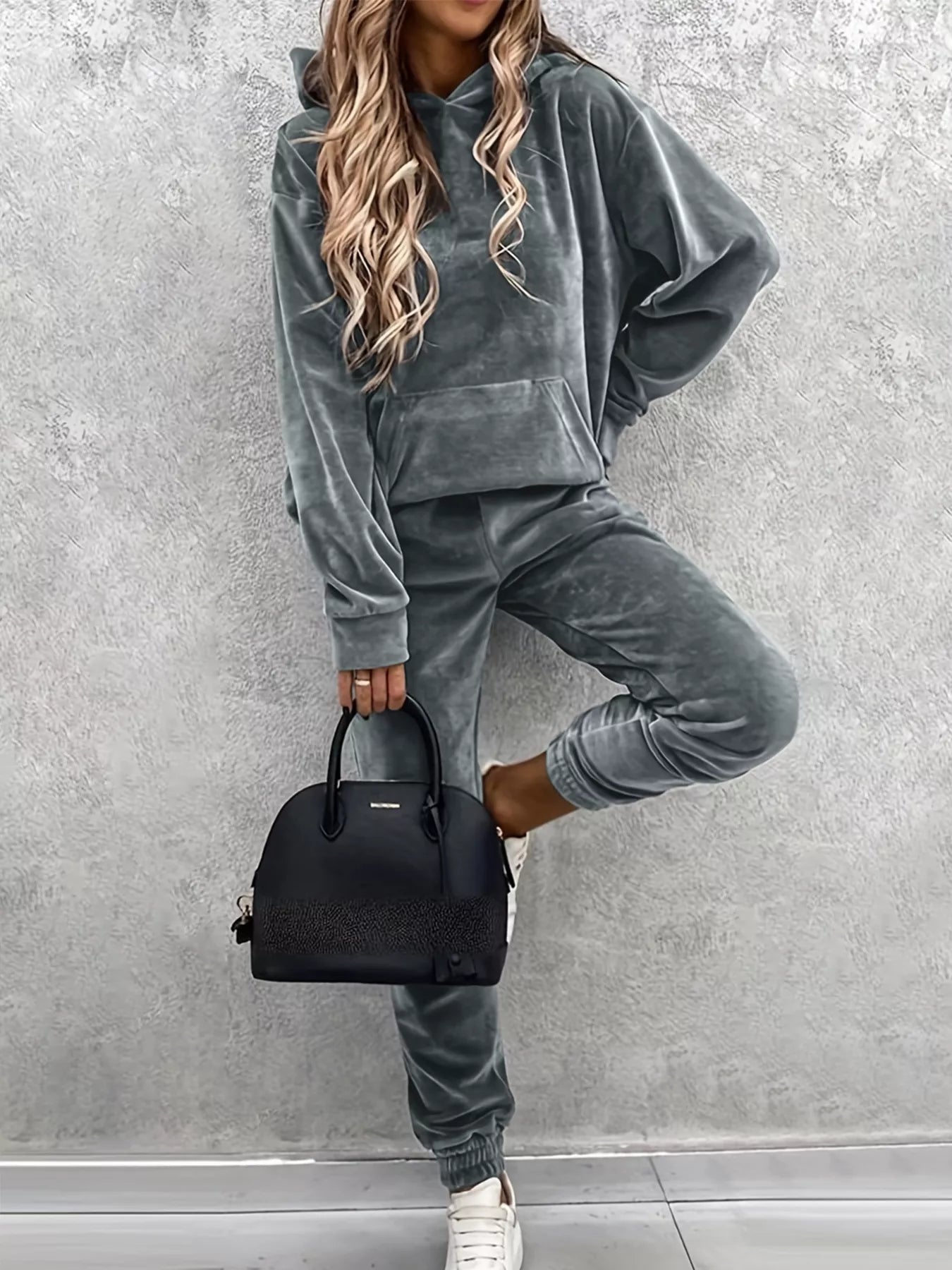 Dark Gray Kangaroo Pocket Hoodie and Pants Set | Loungewear Sets Daverri Fashions