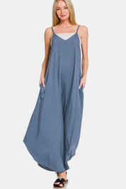 DUSTY BLUE L Zenana Spaghetti Strap Wide Leg Overalls with Pockets | Daverri Fashions