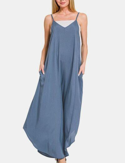 DUSTY BLUE S Zenana Spaghetti Strap Wide Leg Overalls with Pockets | Daverri Fashions