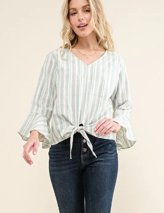 DUSTY MINT And The Why Stripe Tie Knot Front Bell Sleeve Top | Blouses Daverri Fashions