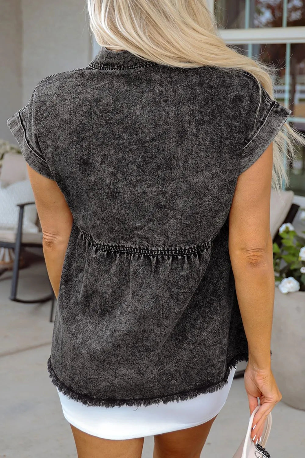 Short Sleeve Flap Pocket Button Up Raw Hem Denim Shirt | Shirts Daverri Fashions