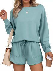 Turquoise Round Neck Long Sleeve Top and Shorts Set | Loungewear Sets Daverri Fashions