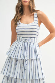 MABLE Pin Stripe Smocked Bodice Layered Midi Dress | Daverri Fashions
