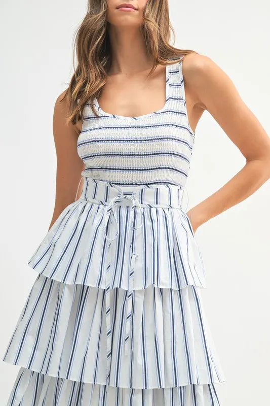 MABLE Pin Stripe Smocked Bodice Layered Midi Dress | Daverri Fashions