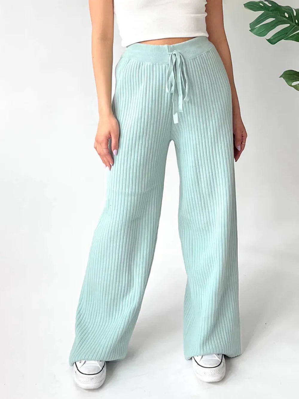 Mint Blue Ribbed Wide Leg Sweater Pants | Bottoms Daverri Fashions