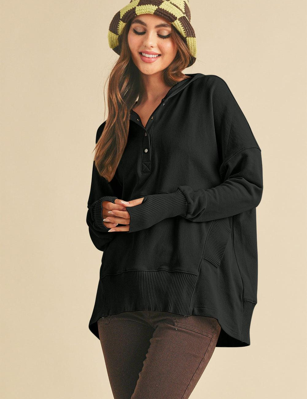 Aemi + Co Half Snap Dropped Shoulder Hoodie | Hoodies Daverri Fashions