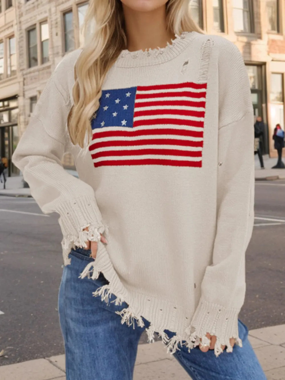 Cream US Flag Distressed Round Neck Long Sleeve Sweater | Sweaters Daverri Fashions