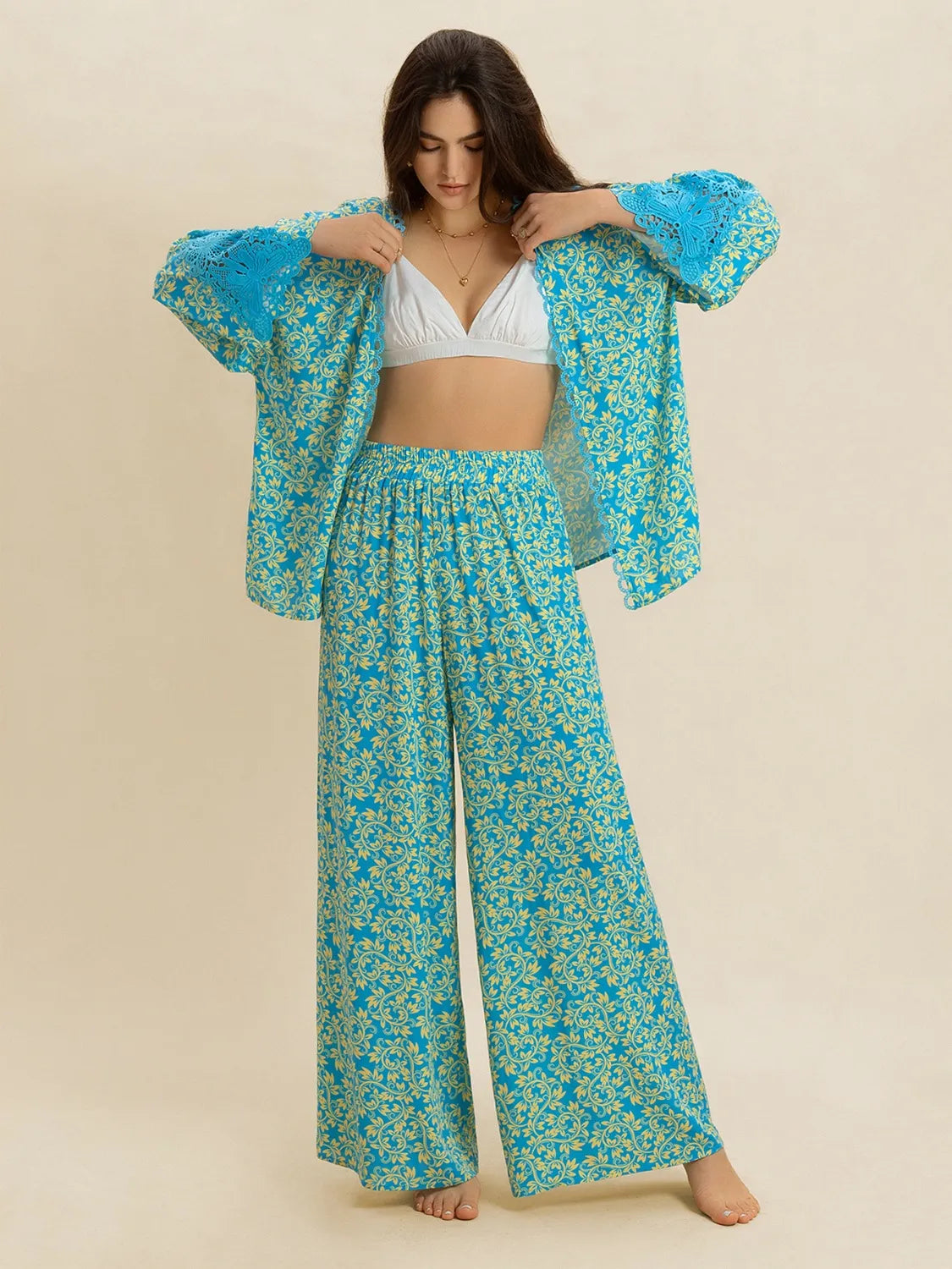 Open Front Printed Top and Pants Set | Loungewear Sets Daverri Fashions
