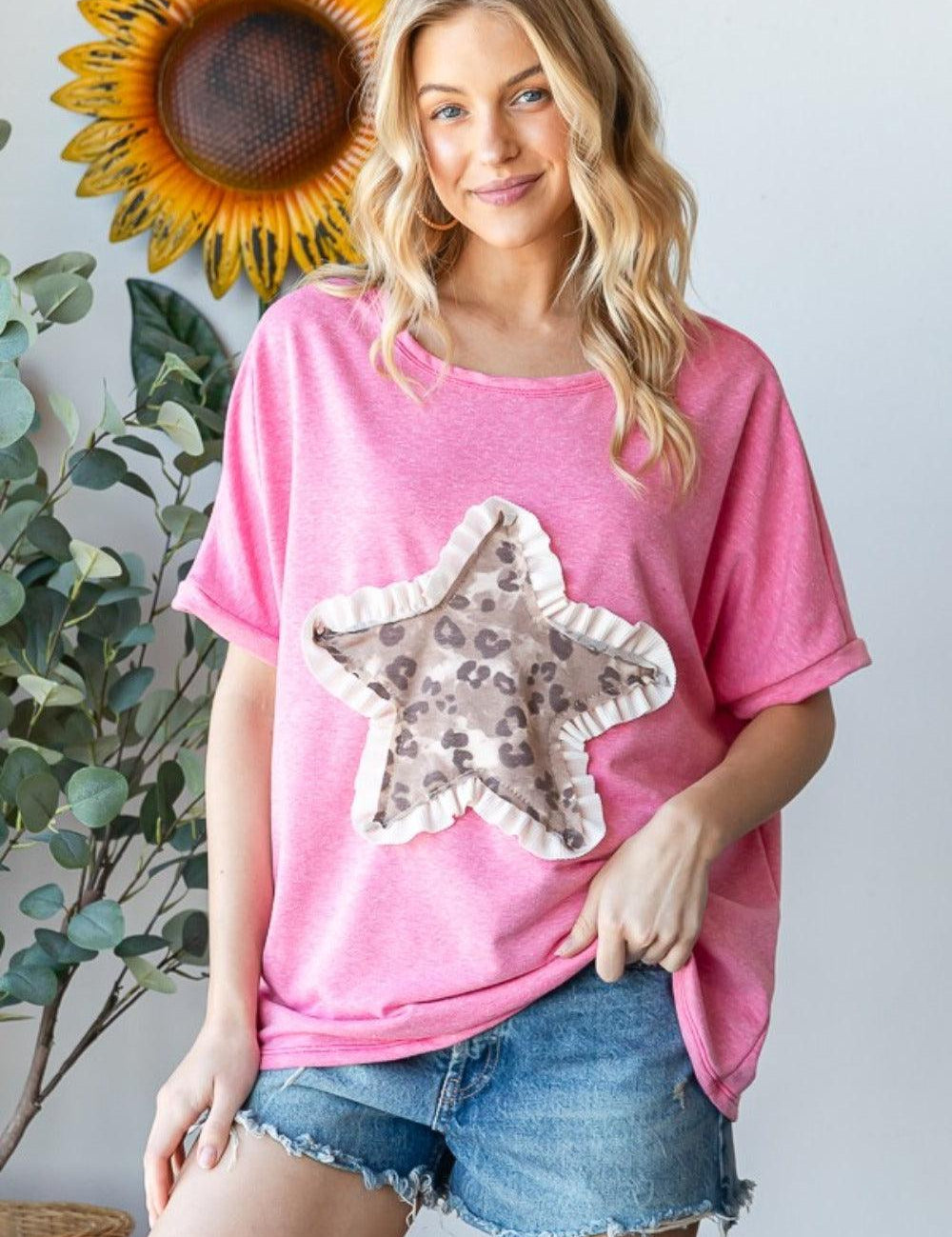 HOPELY Leopard Star Patch Short Sleeve T-Shirt | T-Shirts Daverri Fashions