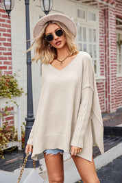 Beige Slit V-Neck Dropped Shoulder Sweater | Sweaters Daverri Fashions