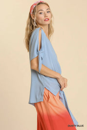 Umgee Cold Shoulder Short Sleeve Round Neck Top with Side Slits and Tie-able Knot Details | Tops Daverri Fashions